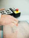 Hand touching the touchscreen Royalty Free Stock Photo