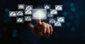 Hand Touching virtual cloud computing selective to download and loading data information and upload on system network application Royalty Free Stock Photo