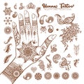 Hand with traditional indian henna tattoo elements. Royalty Free Stock Photo