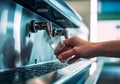 Hand of a traveler pressed the button of drinking water filling station at the Airport. AI Generated Royalty Free Stock Photo