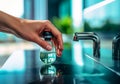 Hand of a traveler pressed the button of drinking water filling station at the Airport. AI Generated Royalty Free Stock Photo