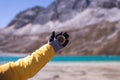 Hand traveler woman holding compass at mountain,Navigational for travel