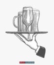 Waiter`s hand hold tray with beer glasses. Engraved style hand drawn vector illustration. Royalty Free Stock Photo