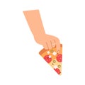 Hand with triangle pizza slice. Fingers holding, taking Italian fast food piece, snack with pepperoni sausage, cheese