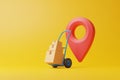 Hand truck with brown cardboard boxes and red location pointer on a yellow background Royalty Free Stock Photo