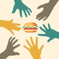 Hand trying to grab hamburger, Fast food, grab and go, burgers