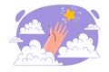 Hand is trying to reach star located in sky among clouds, for concept of striving for success Royalty Free Stock Photo