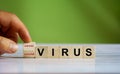 Hand turn wooden cube block with virus word. Coronavius Royalty Free Stock Photo