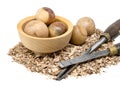 Hand-turned wooden balls in a bowl decorated with sawdust and tool