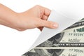 Hand Turning Page to Banknotes Royalty Free Stock Photo