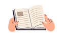 Hand turning pages of open paper book. Readers students fingers holding abstract literature, reading, studying