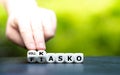 Hand turns dice and changes the German expression `Fiasko` fiasco to `Vollkasko` comprehensive coverage.