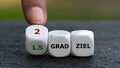 Hand turns dice and changes the German expression `1.5 Grad Ziel` 1.5 degree target to `2 Grad Ziel` 2 degree target. Royalty Free Stock Photo