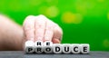 Hand turns dice and changes the word `produce` to `reduce`. Royalty Free Stock Photo