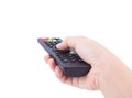 Hand with tv remote control isolated on white Royalty Free Stock Photo