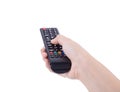 Hand with tv remote control isolated on white Royalty Free Stock Photo