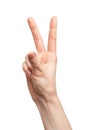 Hand with two fingers up isolated on white background. Victory sign, number two, peace symbol, letter V