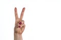 Hand with two fingers up in the peace or victory symbol. Also the sign for the letter V in sign language. Isolated on white Royalty Free Stock Photo