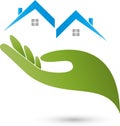 Hand and two houses, roofs, real estate and house care logo