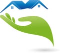 Hand and two houses, roofs, real estate logo