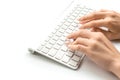 Hand typing. Hand typing on desktop office computer keyboard. Woman using laptop. Female online work female. Writing Royalty Free Stock Photo