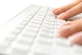Hand typing. Hand typing on desktop office computer keyboard. Woman using laptop. Female online work female. Writing Royalty Free Stock Photo