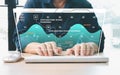 Hand typing laptop futuristic digital dashboard displaying data points analytics charts interface elements representing data Royalty Free Stock Photo
