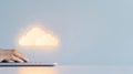 Cloud Computing Concept, Hand using laptop with glowing cloud icon. Digital technology, data storage, network Royalty Free Stock Photo