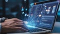 Hand using laptop with AI interface and code on virtual screen Royalty Free Stock Photo