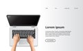 Hand typing laptop top view computer landing page clean modern concept