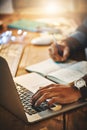 Hand, typing and man on a laptop while writing research notes for creative project at night. Planning, professional and Royalty Free Stock Photo