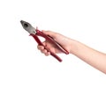 Hand with universal pliers on white background