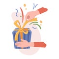 Hand unpacking present with decorative bow vector