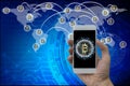 Hand use smartphone bitcoin and blockchain network connection, S Royalty Free Stock Photo