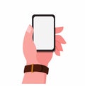 Hand used smartphone, hand wear leather strap watch holding phone, cartoon flat illustration vector Royalty Free Stock Photo