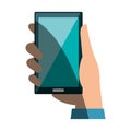 Hand user with smartphone device isolated icon