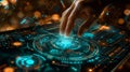 A hand uses a futuristic interface with vibrant graphics and data visualizations