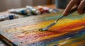A hand uses a palette knife to apply vibrant colors on a canvas, creating a textured