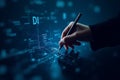 A hand uses a pen to interact with a digital data interface