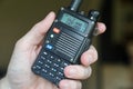 Hand using amateur radio walkie talkie
