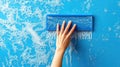 A hand using a blue squeegee to clean a soapy surface against a bright blue background Royalty Free Stock Photo