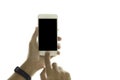 Hand using cell phone isolated in clipping path. Royalty Free Stock Photo