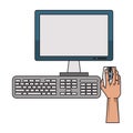 Hand using desk computer with mouse monitor and keyboard Royalty Free Stock Photo