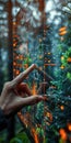 Futuristic Digital Interface Touchscreen blending with Nature in Forest Environment Royalty Free Stock Photo