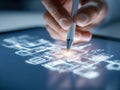 Hand using a digital pen to design architectural blueprints on a high-tech touchscreen tablet with glowing interface in a modern Royalty Free Stock Photo