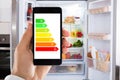 Hand Using Energy Label On Mobile Phone Against Refrigerator