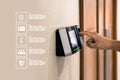 Hand using fingerprint scan proximity card reader access control system for door unlock with security icons for identity ID card Royalty Free Stock Photo