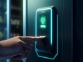 Hand using fingerprint, scan for smart digital door locker, ai generated