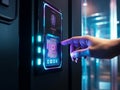 Hand using fingerprint, scan for smart digital door locker, ai generated