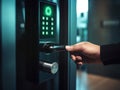 Hand using fingerprint, scan for smart digital door locker, ai generated